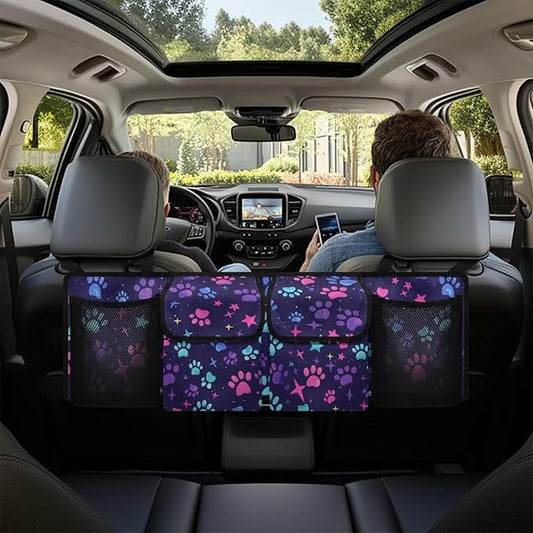 Hanging Car Trunk Organizer with 4 Pockets Dog Paw Print Stars Auto Back Seat Storage Bag Auto Interior Accessories for Sedans SUV MPV Trucks Jeep Pickup