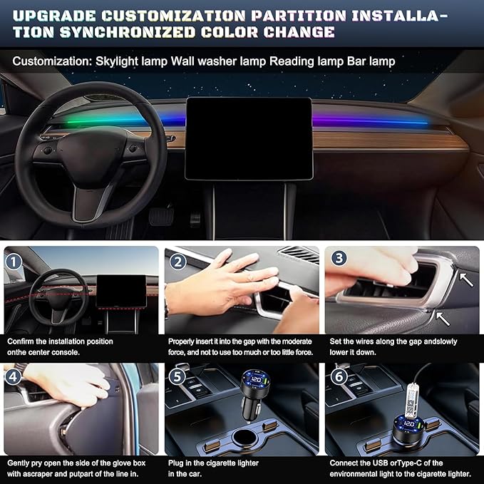 Dreamcolor Acrylic Interior Car LED Strip Light with USB/Type C/4-Port Cigarette Lighter, RGB 6 in 1 with 179.24 inches 650 LEDs Ambient Lighting Kits, Sound Active Function Neon Led Strips for Car