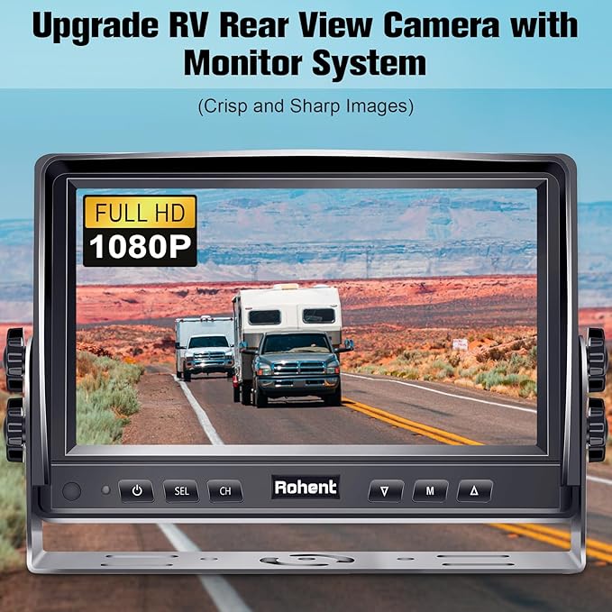 Dual RV Backup Camera System: 7" Monitor with Split Screen No Lag Easy Installation Plug and Play HD 1080P Rear View Camera Wired Kit IP69 Waterproof IR Crystal Night Vision for Truck Tractor R4