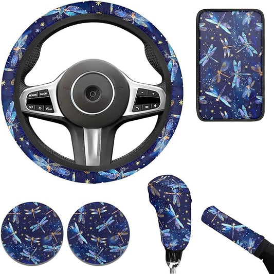 Blue Dragonfly Print 6pcs Car Steering Wheel Cover Set for Men Women Auto Interior Accessories Cup Holder Armrest Pad Seatbelt Cushion Fit for SUV Truck Vans