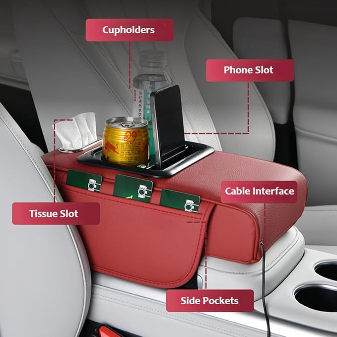 Armrest Box Pad for Car w/Type-C Charging Interface, Car Center Console Cover w/Cup Holder, Interior Car Accessories (Black-Red)