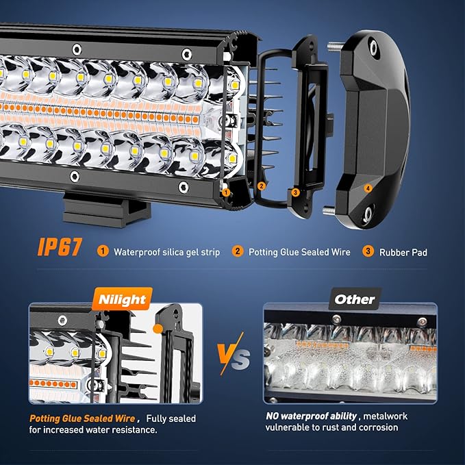 Nilight 12Inch 300W LED Light Bar Spot Flood Amber White Strobe 6 Modes with Memory Function Off-Road Truck Car ATV SUV Cabin Boat with 16AWG Wiring Harness Kit-1 Lead