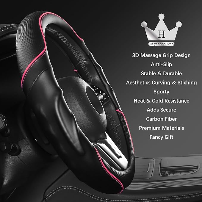 3D Car Steering Wheel Cover Comfort Grip Massage Sporty Anti-Slip Carbon Fiber Faux Leather for F150, Trucks, Jeep, Van, Car Handle Covers for All Seasons, 15.2-16in, Pink