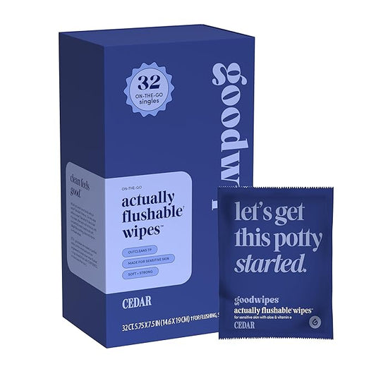 goodwipes Flushable Wipes - Individually Wrapped Butt Wipe for On-the-Go Adults - Portable Mini Wipes - Travel Essentials - Sewer & Septic Safe - Cedar, 32 Count (1 Pack)