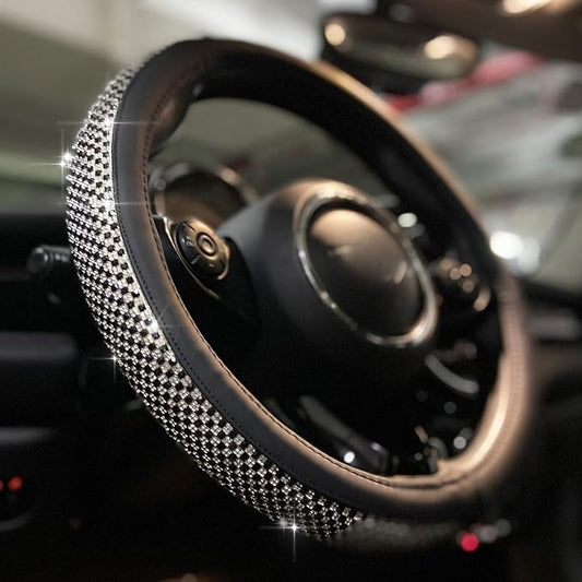 PINCTROT Large Size Bling Comfy Steering Wheel Cover with Jumbo Crystal Rhinestones, Anti-Slip Diamond Leather, 15.5-15.75 Inch (Black)