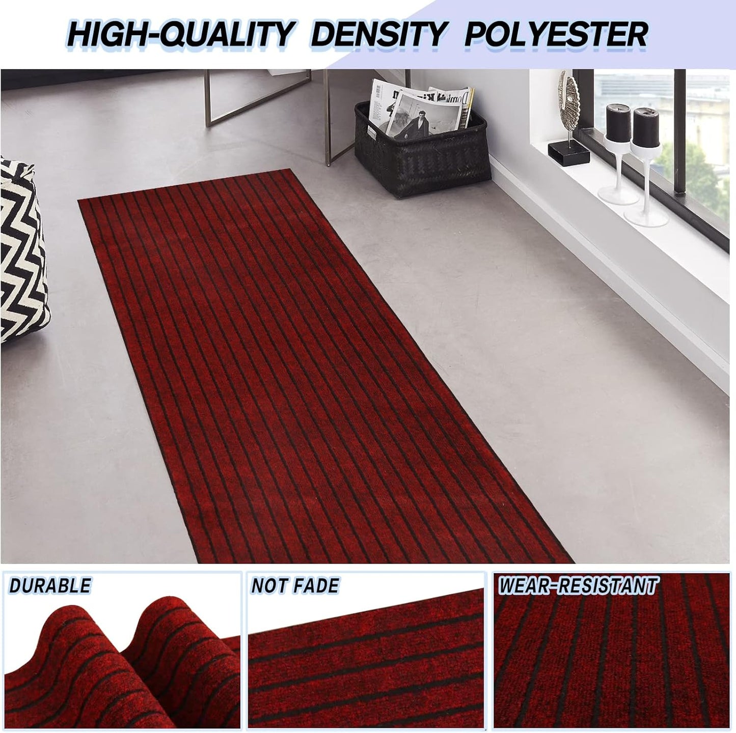 Custom Size Backed Non-Slip Area Rugs Runner, Easy Clean, Waterproof Runner Rugs for Hallway Entryway, Kitchen, Laundry, 2FT x 43FT, Red Stripe