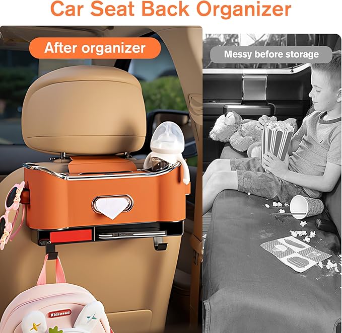 Multifunctional Car Seat Back Storage Box, Universal Car Seat Organizer, Car Seat Tissue Box and Organizer, Car Seat Paper Towel Organizer， Car Organizer with 2 Drink Cup Holders (Orange)