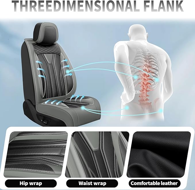 Fit Leaf Car Seat Covers Compatible with Nissan Leaf 2012-2025 2026 - Premium Leather， Waterproof Breathable， All-Weather Seat Cushion Protecto&Airbag Compatible (2 Front Seat Gray&Black)