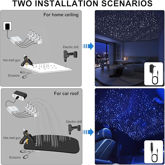 Split 4 Colors 12W Car Starlight Headliner Kit 1000pcs*0.02in*9.8ft with APP&RF Remote,RGBW Fiber Optic Strands Star Roof Lights,4 Port Engine Sound Activated Star Ceiling Lights for Car/Home Decor