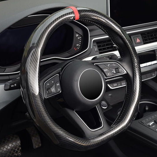 ZHOL Steering Wheel Cover Carbon Fiber, D Shaped Car Wheel Cover 14 1/2-15 in (37-39 cm), Black