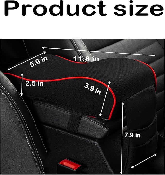 Auto Center Console Armrest Pillow, Memory Foam Car Armrest Cushion with Phone Holder Storage Bag Universal Fit for Most Car (Black & Red)
