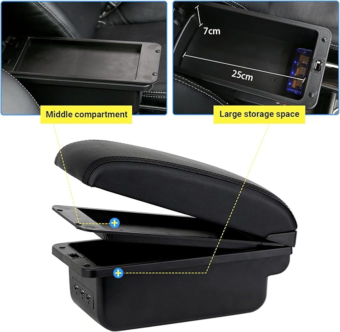 AULPHIKE Compatible with Nissan Note Armrest E-Power Car Center Console Organizer Armrests Double Layer Storage with 3 USB（Black）