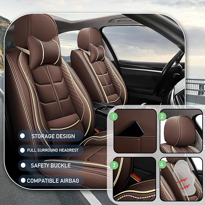Leather Car Seat Covers Fit for Toyota FJ Cruiser 2002-2024, 5 Seater Car Seat Cover, Premium Waterproof, Scratch Resistant Car Interior Accessories (Full Set with Pillow Coffee)