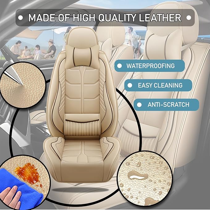 Leather Car Seat Covers Fit for Toyota Yaris Sedan 2019-2020, 5 Seater Car Seat Cover, Premium Waterproof, Scratch Resistant Car Interior Accessories (Full Set with Pillow Beige)