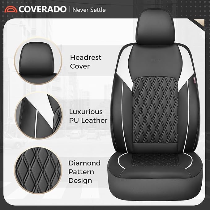 Coverado Car Seat Cover, Car Seat Covers Front Seats, Waterproof Car Seat Covers, Car Seat Cushion, Front Seat Covers Faux Leather Driver Car Seat Protector Fit for Most Cars Trucks SUV, Black&White