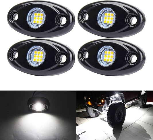 White LED Rock Lights, 4 Pods Neon 12V Waterproof Underglow Underbody Kit Crawler Crawling Dome Exterior Wheel Lights for ATV RZR UTV SUV Off-Road Auto Boat Motorcycle Glow Trail Rig Fender Lamp