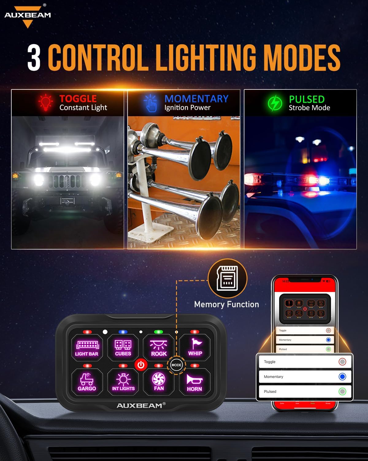 Auxbeam 8 Gang Switch Panel Bluetooth AR-800 RGB Switch Pod with Backlit Off Toggle Momentary Pulsed Auxiliary Switch Panel for Truck SUV ATV Marine RV Multifunction 12-24V Waterproof 2 Years Warranty
