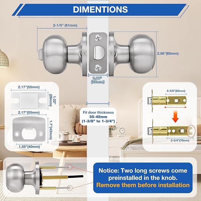 Plustool 5 Pack Brushed Nickel Door Knobs,Privacy Door Knob with Lock, Interior Doorknobs Silver, Keyless Door Locks Set for Bedrooms Bathrooms, Reversible for Left/Right Door Handle
