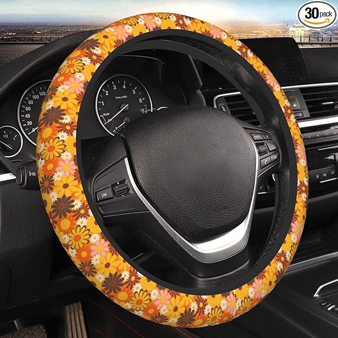 Yellow Hippie Floral Auto Car Daisy Steering Wheel Cover Universal 15 Inch Neoprene Interior Decor Protection Accessories