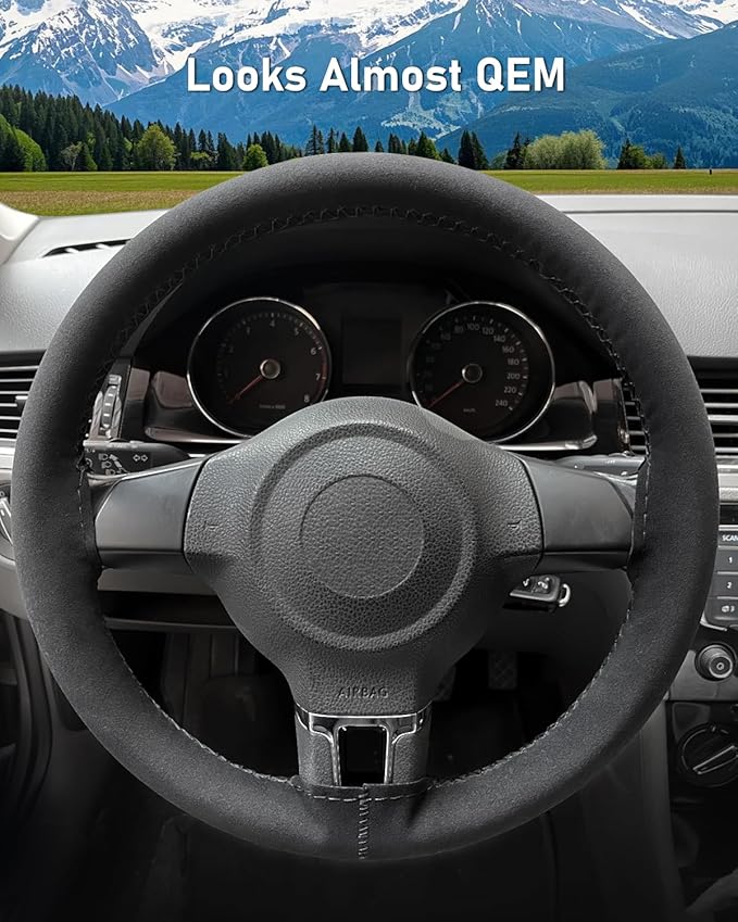 Belinous Suede Leather Steering Wheel Cover, DIY Stitch-On Steering Wheel Wrap with Needle & Thread, Non-Slip & Sweat-Absorbing, Universal Fit for 13.75-16 Inch (Size L5, Black)