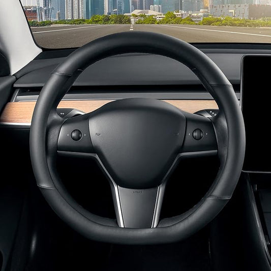 SEG Direct Flat Bottom Steering Wheel Cover, D Shaped Car Wheel Cover 14-14 1/4 in. (35.5-36 cm), for Tesla Model 3 / Y, for Camaro, Black Microfiber Leather