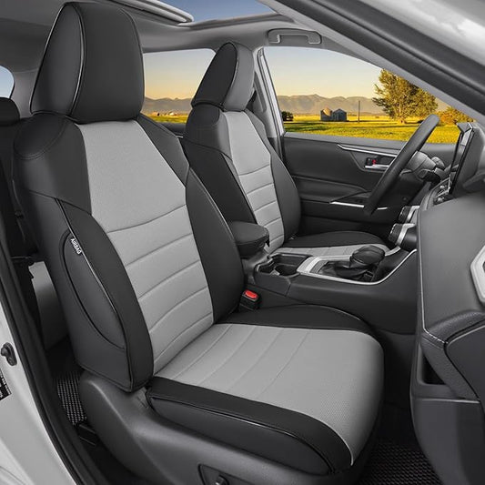 HKZ Fit RAV4 Car Seat Covers Set for 2019 2020 2021 2022 2023 2024 Toyota RAV4 Adventure and TRD-Off Road (Not for Hybrid) - 5 Seats Full Set Leather(Black/Gray)
