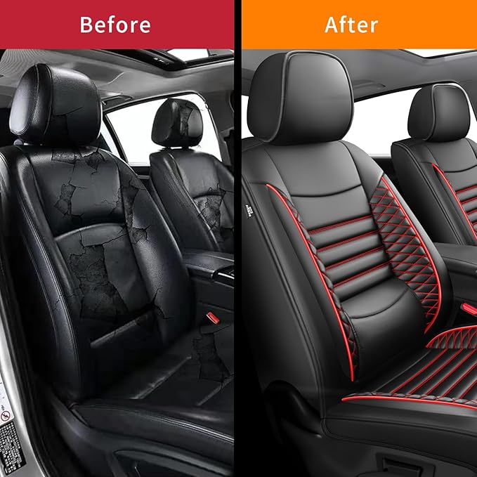 Fit Camry Car Seat Covers for Toyota Camry 2012-2024 2025 2026 - Upgraded Premium Waterproof & Breathable Leather, Airbag Compatible, All-Weather Seat Cushion Protector (2 Front/Black+Red)