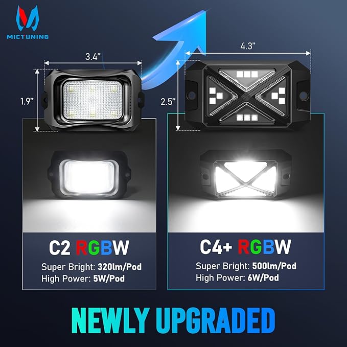MICTUNING C4+ RGBW Rock Lights, 12 Pods 360° Ultra Bright Pure Color Underglow Neon Lights, Bluetooth APP Control & Music Mode, IP68 Waterproof, for Trucks Cars ATV UTV Golf Cart (2 Year Warranty)