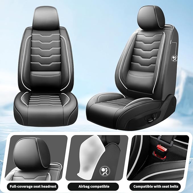 Fit Kona Car Seat Covers for Select Hyundai Kona 2018-2025 2026. Premium Leather, Waterproof， Breathable, Scratch-Resistant & All-Weather Seat Cushion Protector (Front Pair,White Line Black)