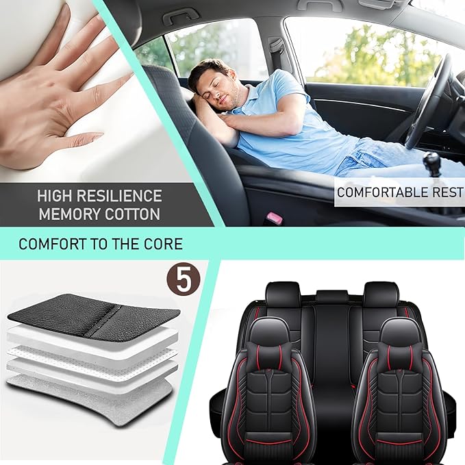 Leather Car Seat Covers Fit for Toyota C-HR CHR 2018-2024, 5 Seater Car Seat Cover, Premium Waterproof, Scratch Resistant Car Interior Accessories (Full Set with Pillow Black Red)