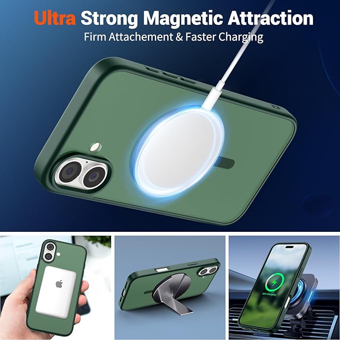 SUPFINE Magnetic for iPhone 16 Plus Case (Compatible with MagSafe) (Military Grade Drop Protection) Slim Translucent Matte Shockproof with Anti-Fingerprint Phone Case,Forest Green