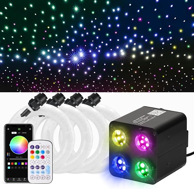 36W 4-Color RGBW Car Starlight Headliner Kit, 400pcs0.03in9.8ft, Twinkle & Sound Activate 4-Port Fiber Optic Light Engine with Bluetooth APP&Remote Control, Star Lights for Car and Home