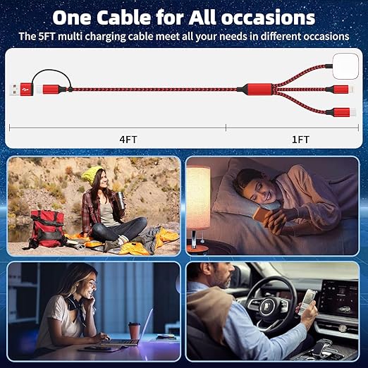 Travel Essentials 3in2 Multi Charging Cable for iPhone Watch Charger,USB A/C to Type C/IP/iWatch Charger,Travel Chargers for Multiple Devices Compatible with iWatch Series&iPhone 16-12 5FT