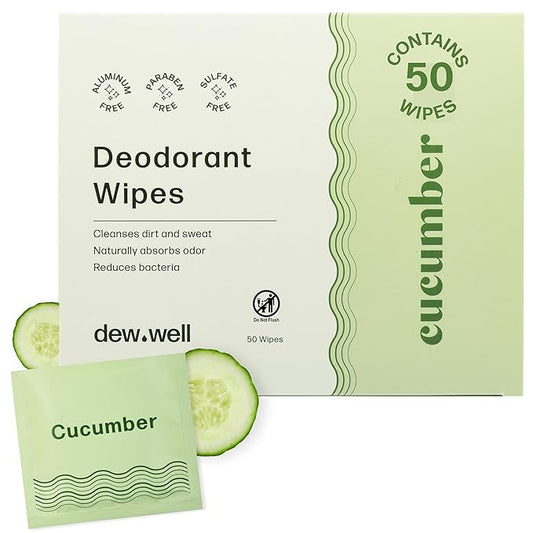 Dew Well Deodorant Wipes - Individually Wrapped Travel Wipes - On-the-Go Travel Toiletries - Natural Deodorant Formula - 50 Count, Pack of 1, Cucumber