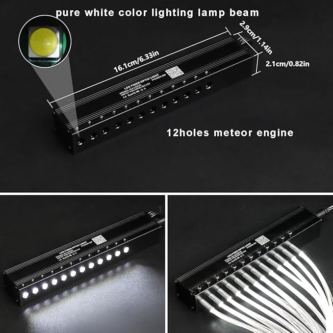 AMKI 96pcs*0.04in*13.1ft Pure White Meteor Shooting Stars Effect Fiber Optic Lights Kit,12 Holes LED MeteorLight Engine with Bluetooth+RF Remote Control 20 Meteor Modes