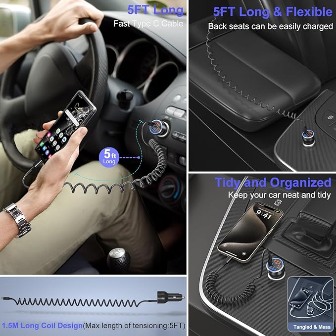 USB C Car Charger, Bangfun 65W 4-Port Dual 12V USB Car Power Charger PD&QC3.0 Fast Charging Cigarette Lighter Adapter Plug for iPhone 17 16 15 Pro iPad Air Samsung S25+5ft Type C Coiled Cable (Black)