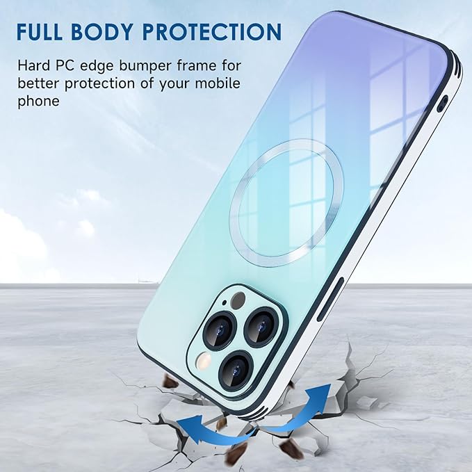 Guppy Compatible with iPhone 16 Pro Max Case Magnetic, with Full Camera Lens Protector [Compatible with MagSafe] Scratch Resistant Gradient Glass Back Cover Phone Case-Blue