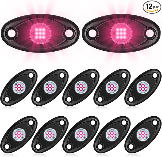 Macarrie 12 Pods Rock LED Lights for Car SUV Underglow Lights Waterproof Neon Trail Rig Lamp Lighting for Truck Motorcycle Boat ATV UTV and More(Pink)