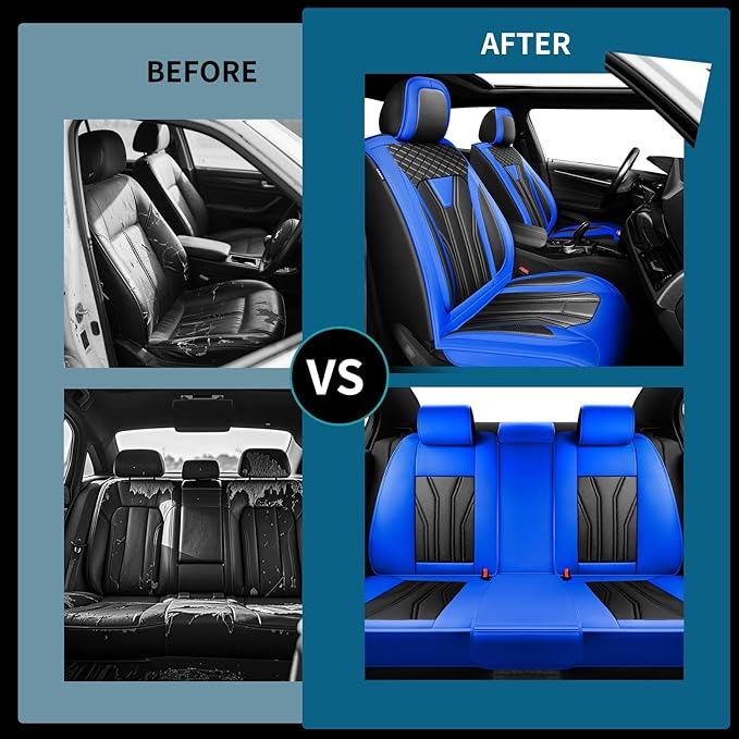 Fit Juke Car Seat Covers Compatible with Nissan Juke 2012-2015 2016 - Premium Leather， Waterproof Breathable， All-Weather Seat Cushion Protecto&Airbag Compatible (2 Front Seat Blue&Black)