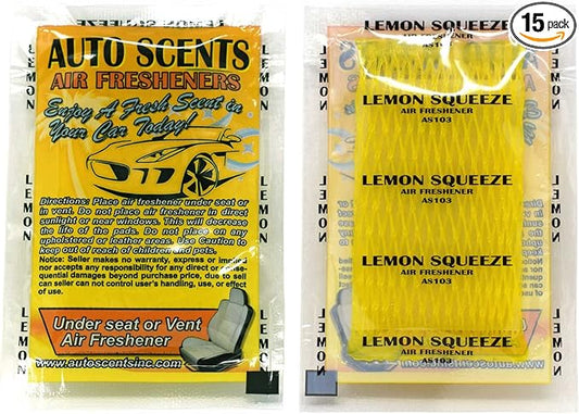 Individually Wrapped - Professional Car Air Freshener Pads - Remove Smells & Add Ambience (15 Per Pack) (Lemon Squeeze)