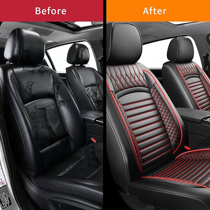 Fit Camry Car Seat Covers for Toyota Camry 2012-2024 2025 2026 - Upgraded Premium Waterproof & Breathable Leather, Airbag Compatible, All-Weather Seat Cushion Protector (2 Front/Black+Red)