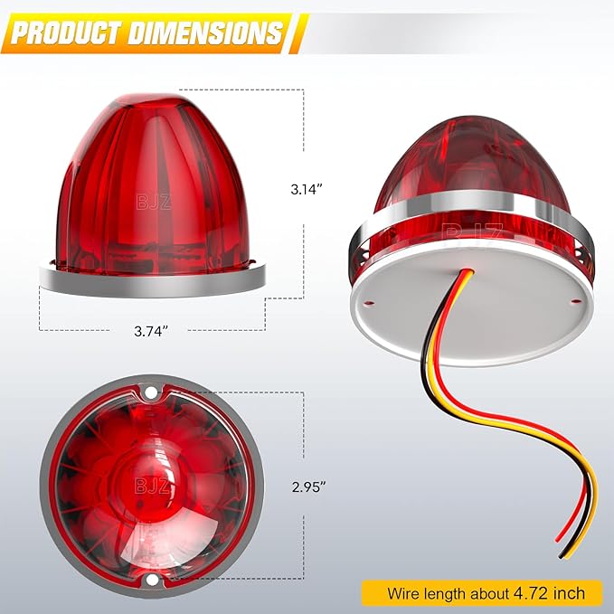 BJZ 2Pcs Red Watermelon LED Strobe+Constant Marker Lights Dual Function Watermelon-shaped Side Marker Clearance Tail Top Cap Roof Lights for Trailer Truck Semi-trailer Heavy-duty Truck Bus Van
