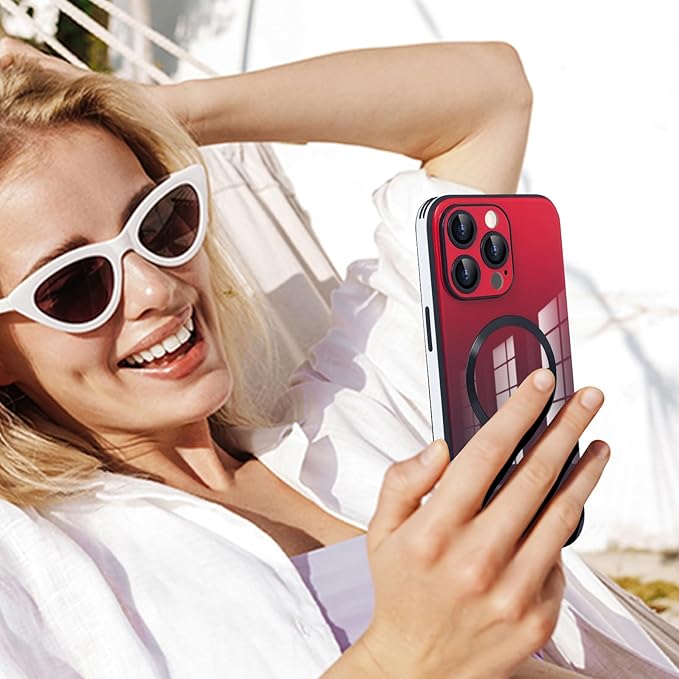 Guppy Compatible with iPhone 15 Pro Case Magnetic, with Full Camera Lens Protector [Compatible with MagSafe] Scratch Resistant Gradient Glass Back Cover Phone Case-Red