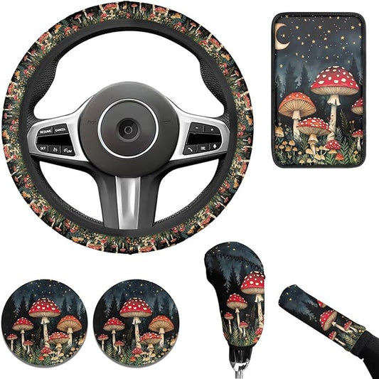 Forest Mushroom Print Car Elastic Steering Wheel Protector for Men Women Auto Interior Accessories Armrest Cover Handbrake Coer Fit for Trucks Vans Suvs