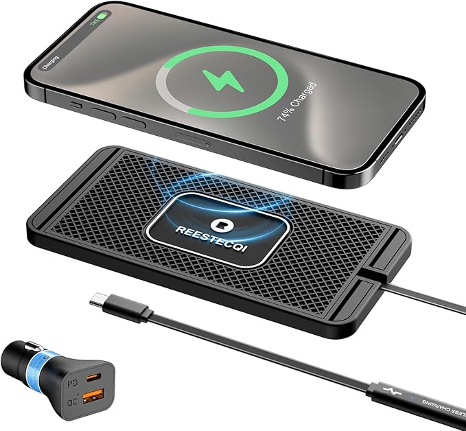 Wireless Charging Pad for Car, REESTECQI 15W Wireless Car Charger Pad Type C Charging Mat Non Slip [PD 40W Car Charger Incl] for Airpods iPhone 16/15/14/13/12, Samsung S24/S23/S22 (30CM Cable)