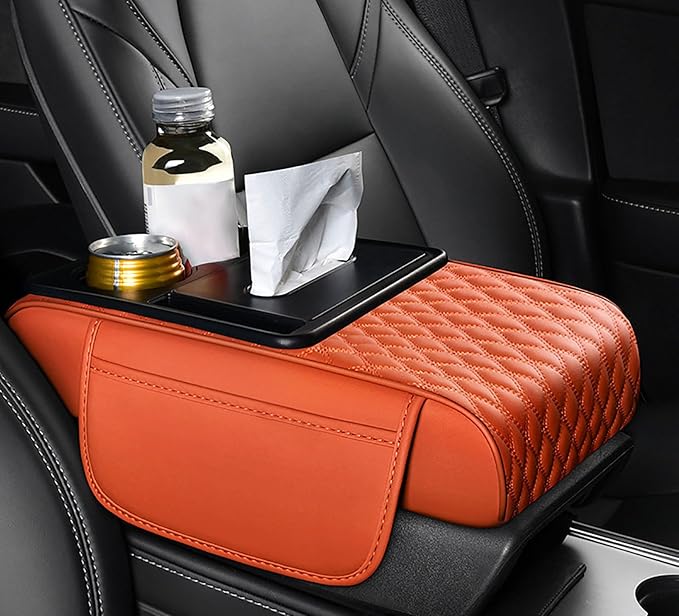 Car Armrest Center Console Cover for Lincoln Navigator L 2018–2025, Center Console Pad with Cup Holder, Multifunctional Armrest Cushion,F Orange