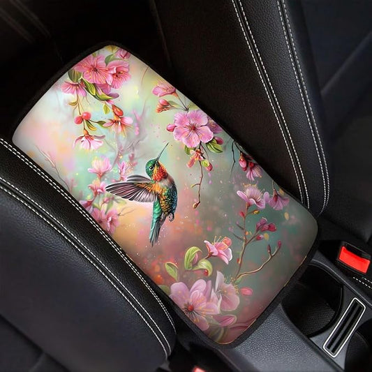 Flower Hummingbird Car Center Console Cover Armrest Pad Cover Universal Car Arm Rest Seat Storage Box Mat Non Slip Interior Accessories