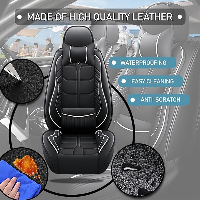Leather Car Seat Covers Fit for Toyota Tacoma 2005-2024, 5 Seater Car Seat Cover, Premium Waterproof, Scratch Resistant Car Interior Accessories (Full Set with Pillow Black White)