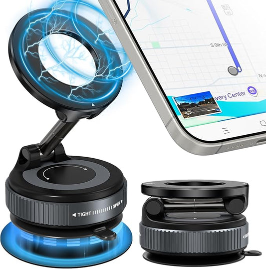 Vacuum Car Phone Holder Magnetic with 24 Mags, 360-Degree Adjustable Suction Cup Mount, Rotary Suction & Release for Easy Storage, Compatible with MagSafe & Magnetic Cases, Black