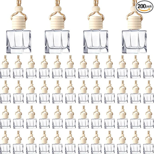 BBTO 200 Pcs Hanging Car Diffuser Bottles Bulk, Empty Clear Glass Air Freshener Bottles with Wooden Cap for Perfume Essential Oils Fragrance Aromatherapy Ornament(Cube)
